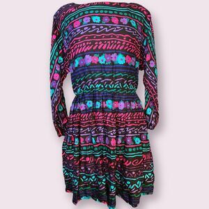 Vintage Leslie Fay Dress 8P Secretary Shoulder Pads l/s Midi Bright Floral Pleat